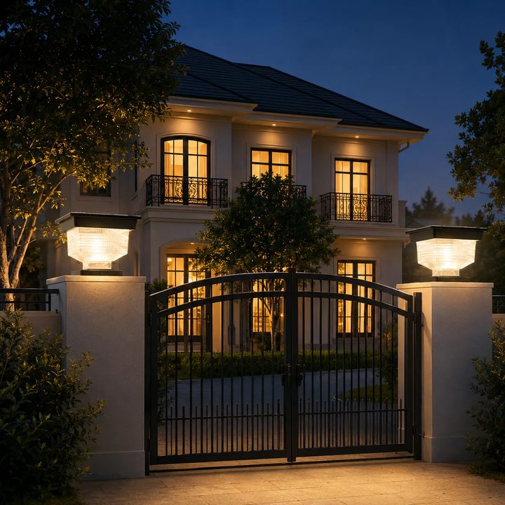 Solar pillar lights illuminating a residential entrance