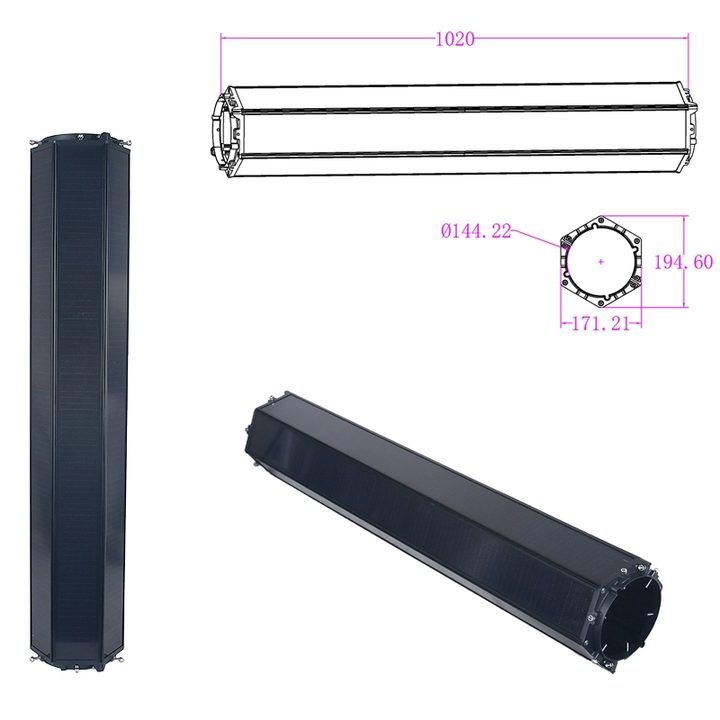Vertical photovoltaic tube shown in multiple views