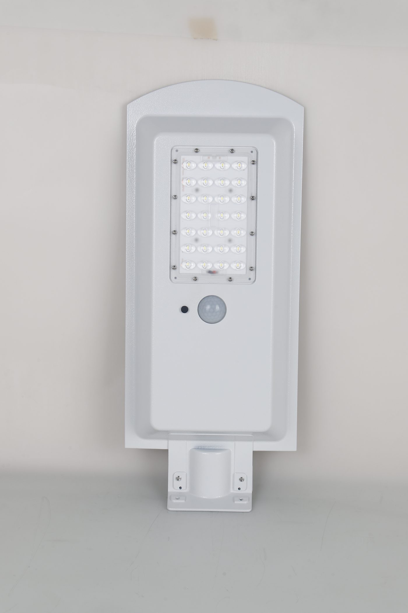 White CF solar street-light housing viewed from the LED side