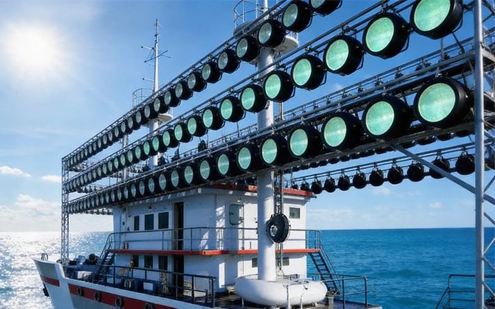 Fishing-vessel deck fitted with rows of round luminaires